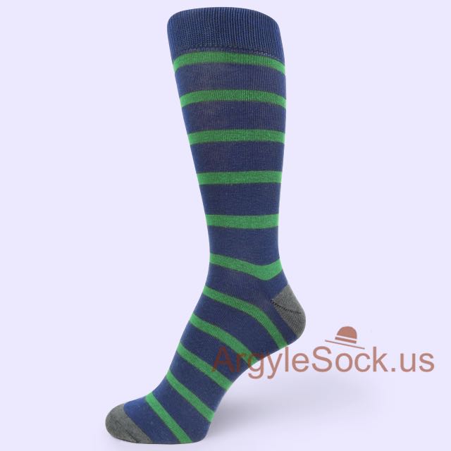 Midnight/Navy Blue with Green Stripes Mens Socks with Gray Toe