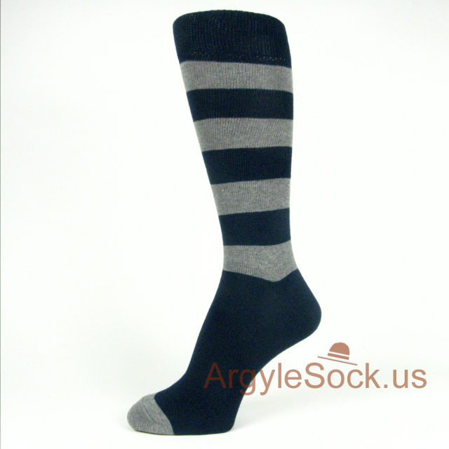 Midnight (Navy Blue) x Grey (Gray) Striped Men's Dress Socks