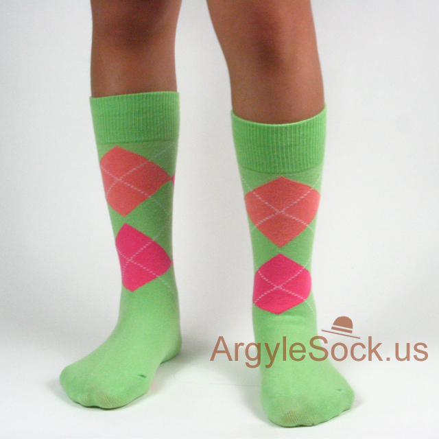 Mint/Apple Green Bright Pink Peach Junior Groomsmen Argyle Sock