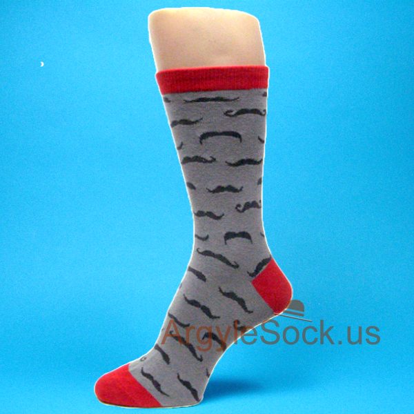 Moustache Mustache Men's Gray Grey Socks with Red Toe & Heel