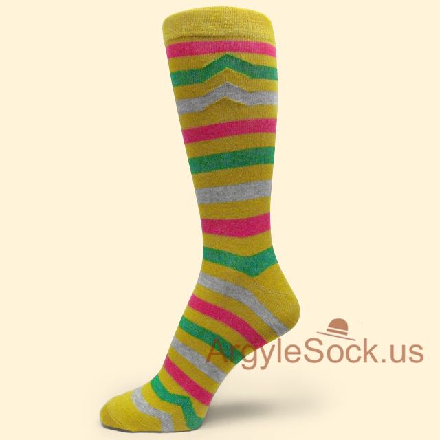 Mustard Yellow Dress Socks for Men with Hot Pink Green Stripes