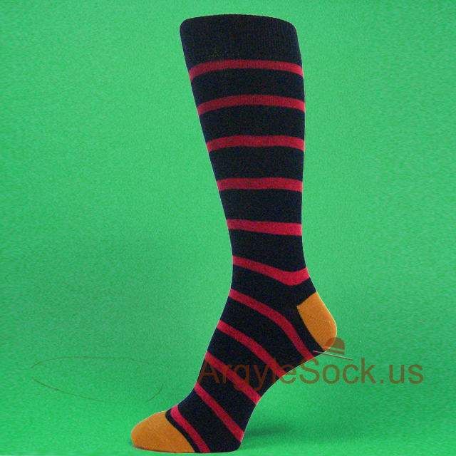 Navy and Red Striped Men's Socks with Tan color Toe and Heel