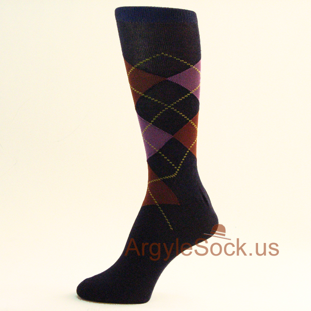 Navy, Lavender, Brown Argyle Men's Dress Socks
