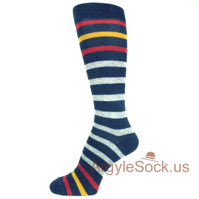 Navy/Mid-Night Mens Socks with Light Gray Red Gold Stripes