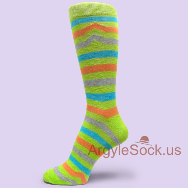 Neon Green with Peach and Gray Pulse Stripes Socks for Man