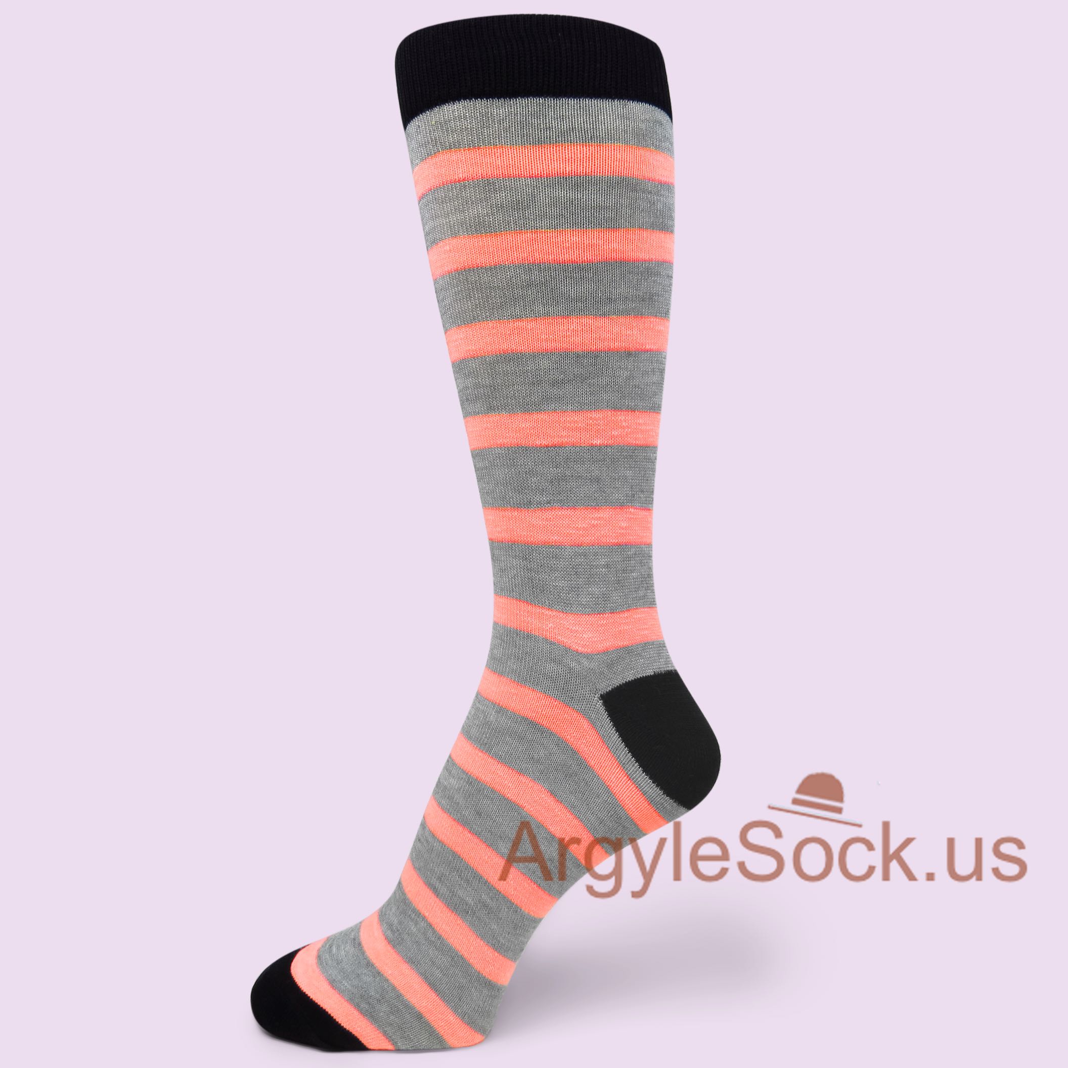 Neon Peach Stripes on Heather Gray Mans Socks with Black Toe