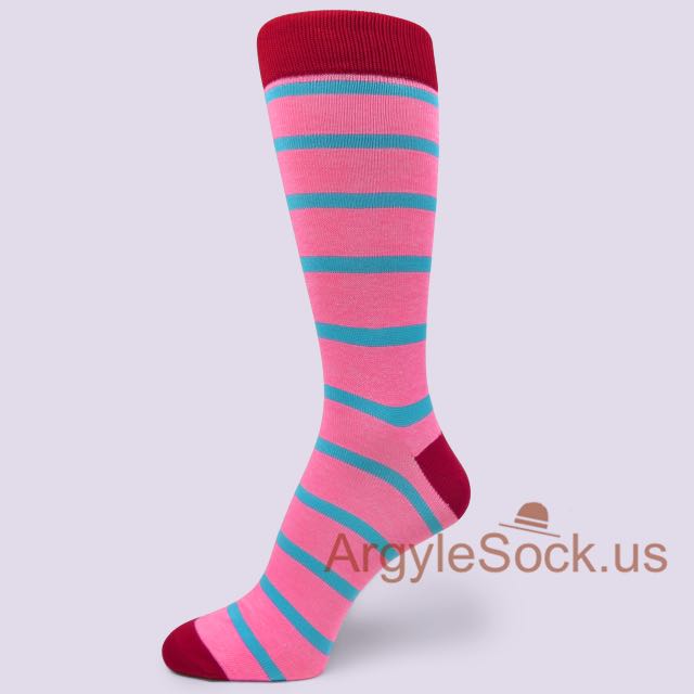 Neon Pink and Neon Sky Blue Stripes Men's Socks with Red Toe