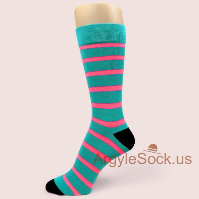 Neon Pink Stripes (Lighter) Teal Dress Socks for Man