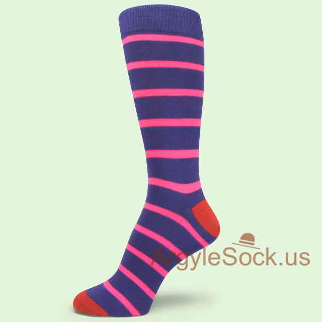 Neon Pink Violet Purple Mens Stripe Socks w/ Chinese Red Toe