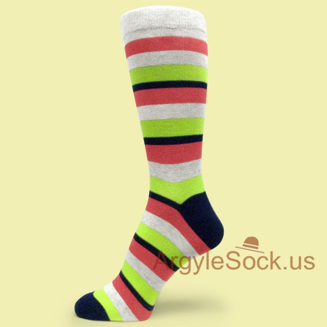Neon Yellow Navy Chinese Red (or Closed Dark Coral) Striped Sock