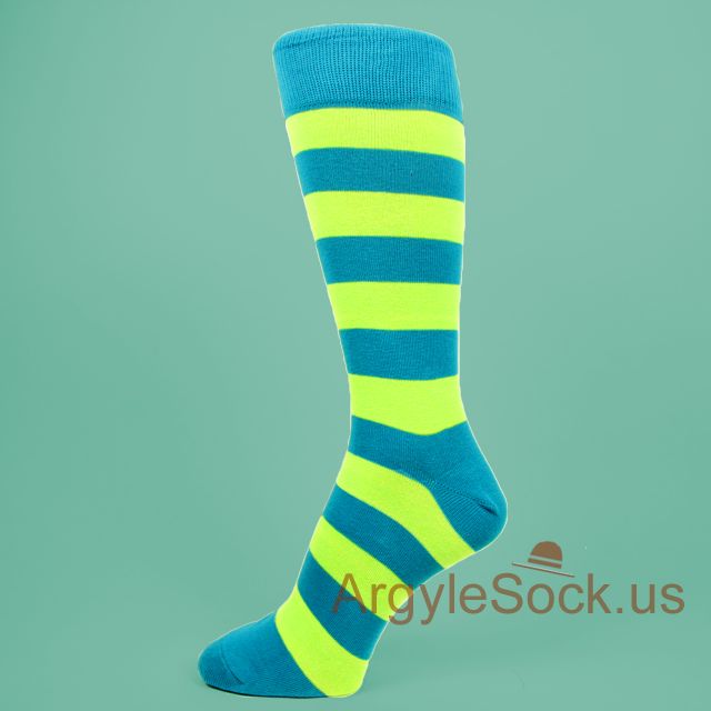 Neon Green & Bright Blue Mans Striped Dress Socks