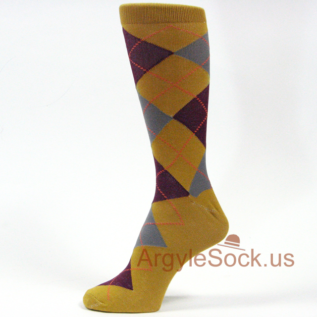 Ocher/Vegas Gold /Old Gold Brown Gray Argyle Mens Dress Socks