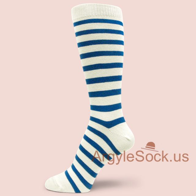 Off-White/Cream with Blue Stripes Men's Socks