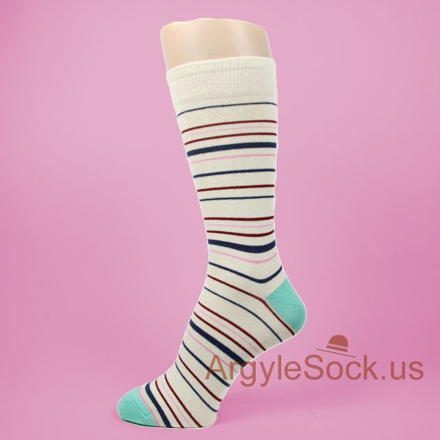 Creamy Off-White Burgundy Blue Pink Striped Man's Socks