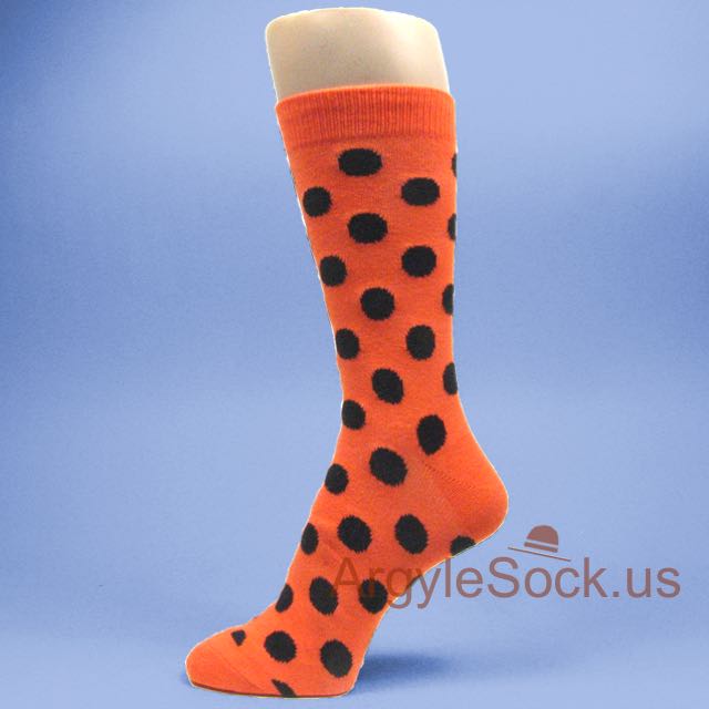 Orange Dress Socks for Men with Black Polka Dots