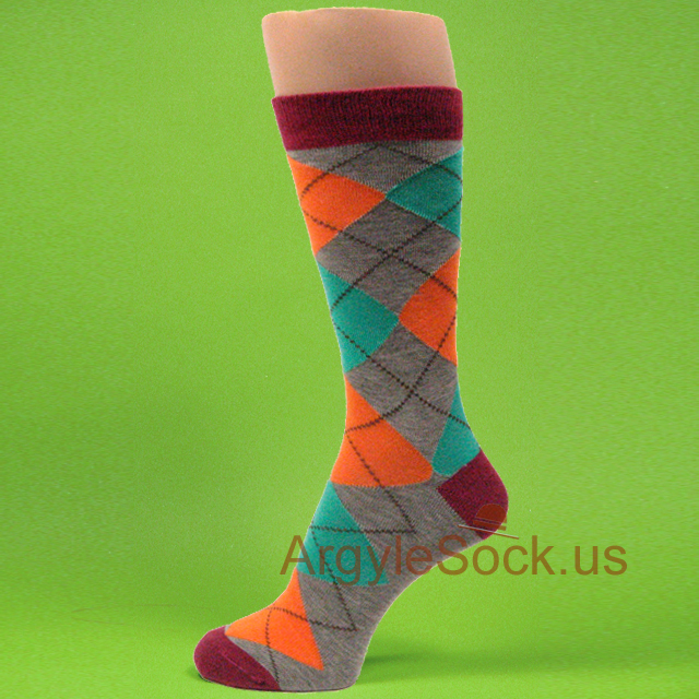 Orange Teal Green Argyle Gray Sock with Burgundy/Maroon Toe&Heel