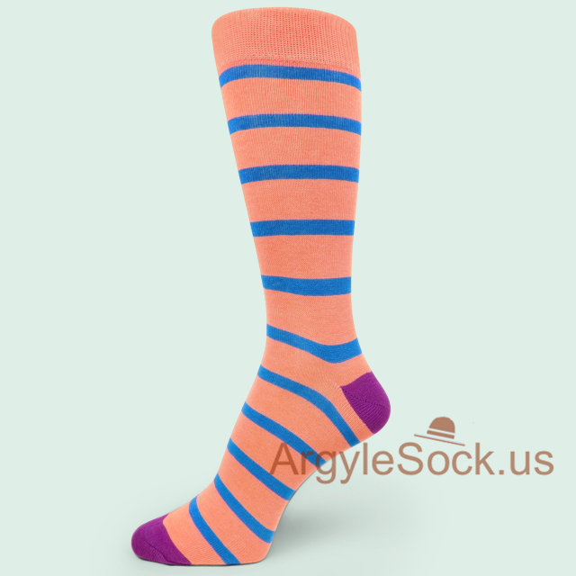 Dark Peach Groomsmen Mens Socks w/ Blue Stripes & Purple Toe