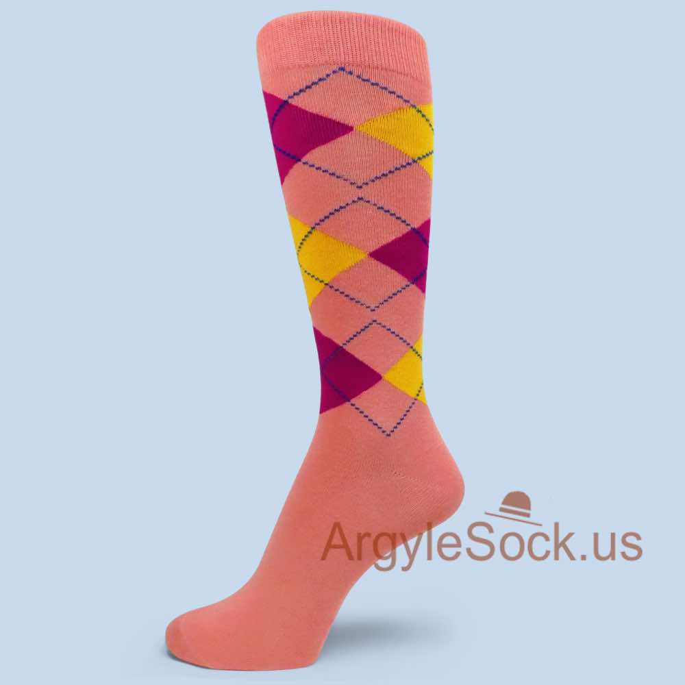 Coral Hot Pink Golden Yellow Argyle Groomsmen Socks for Men