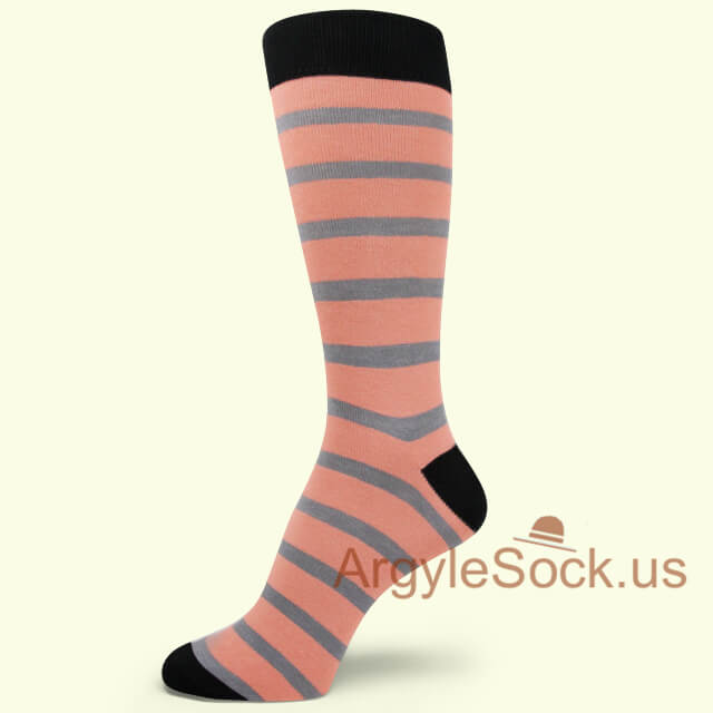 Pinky Peach Mens Socks with Gray Stripe Black Toe and Heel