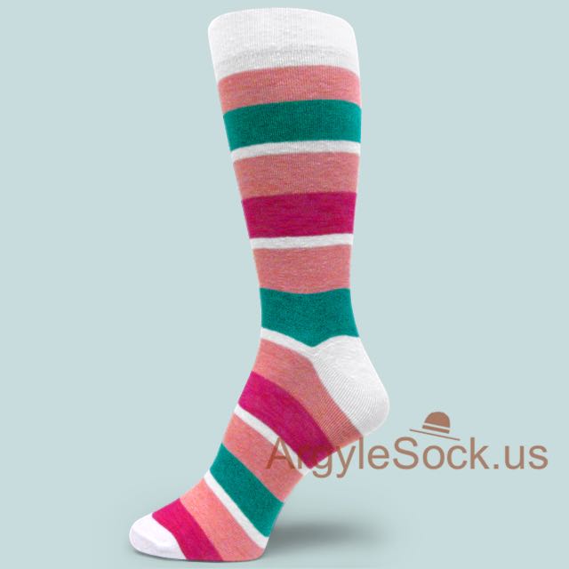 Peach Teal Hot Pink Wide Striped White Dress Socks for Men