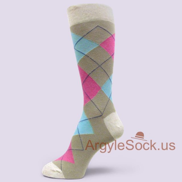 Taupe with Dark Pink and Light Blue Argyle Socks for Men
