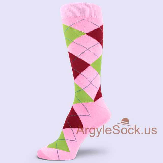 Pink Socks for Men with Lime Green and Dark Red Argyles