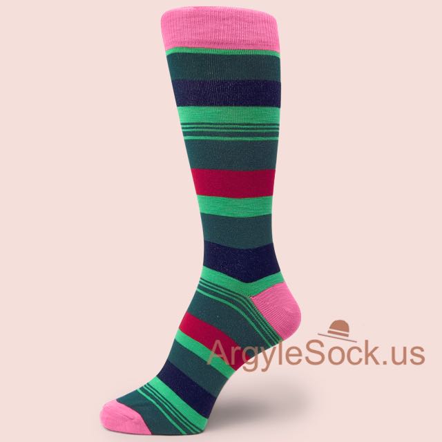 Pink Toe and Heel Dark Green Multiple Striped Mens Socks