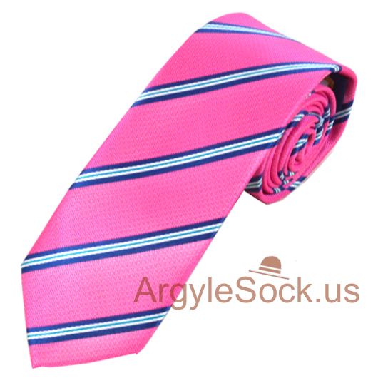 Bright Pink with Blue Teal White Stripes Men's 2.75IN SLIM Neckt