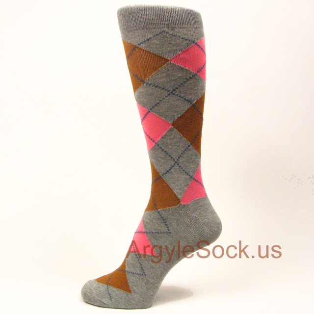 Pink & Brown Argyles on Darker Gray Mens' Dress Socks