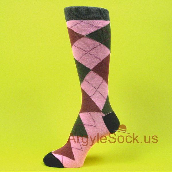 Pink with Maroon and Dark Olive Green Argyle Socks for Men
