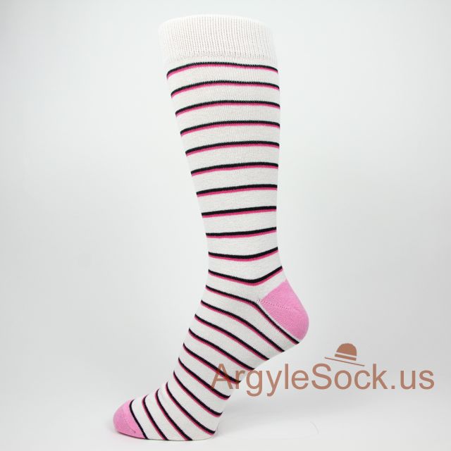 Pink Toe and Heel White Men's Socks with Pink & Black Stripes