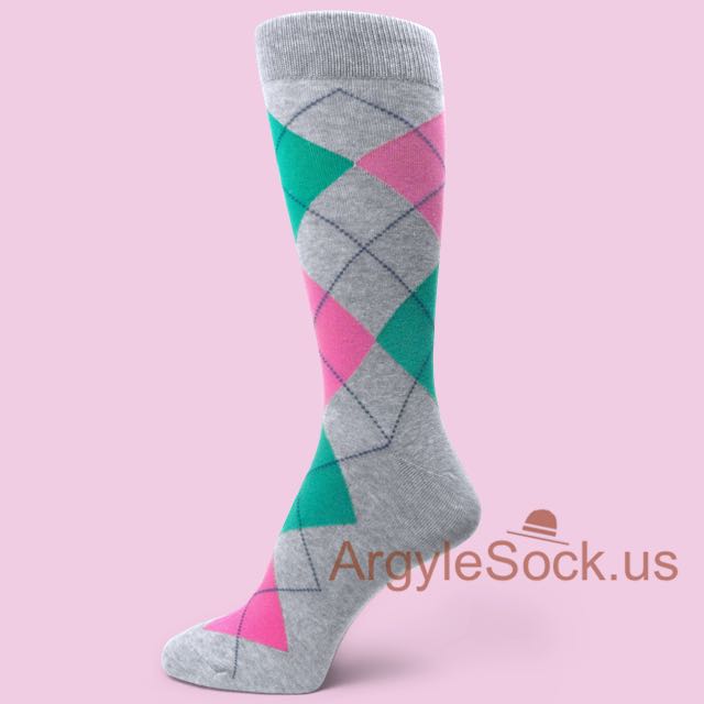 Pink Turquoise Green Argyle Gray Dress Socks for Men