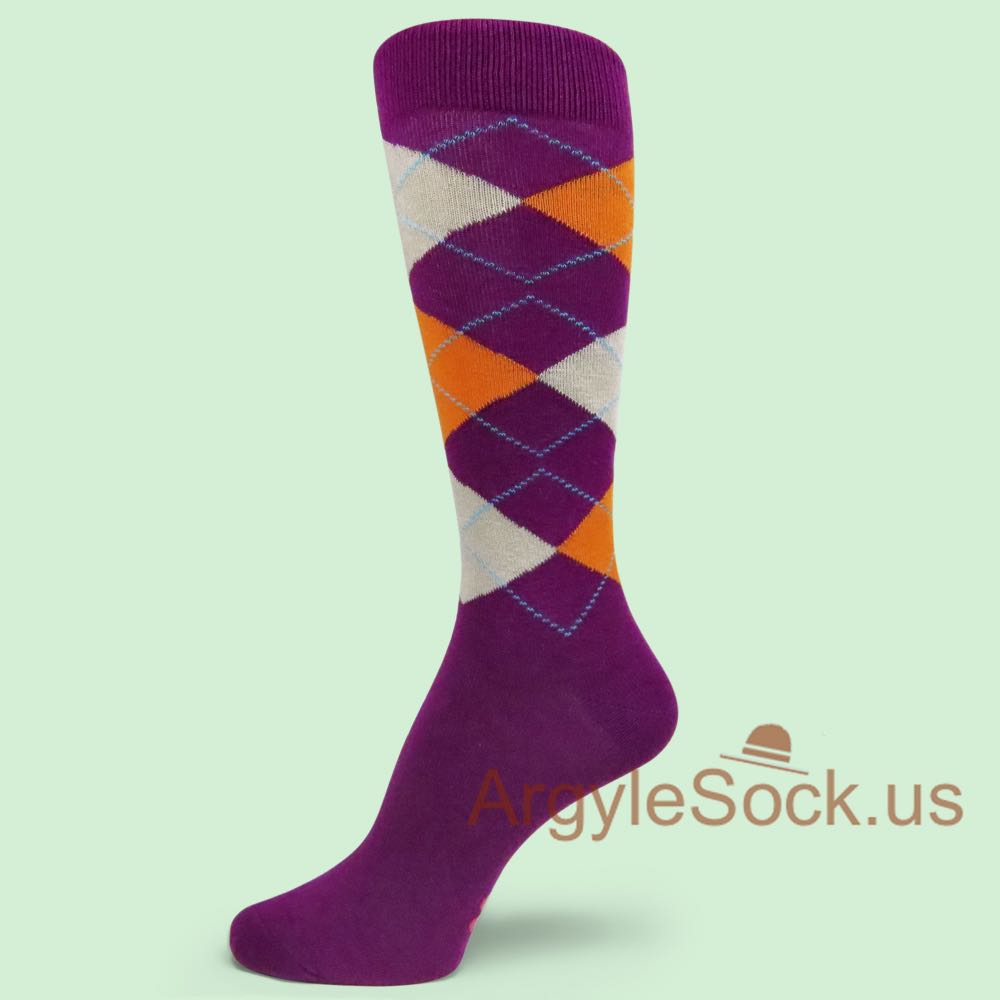 Purple with Orange and Beige Argyle Groomsmen & Men's Socks