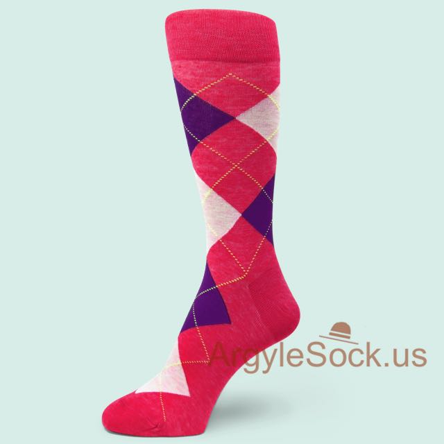 Red Marble with Purple and Light Peach Argyle Mens Socks