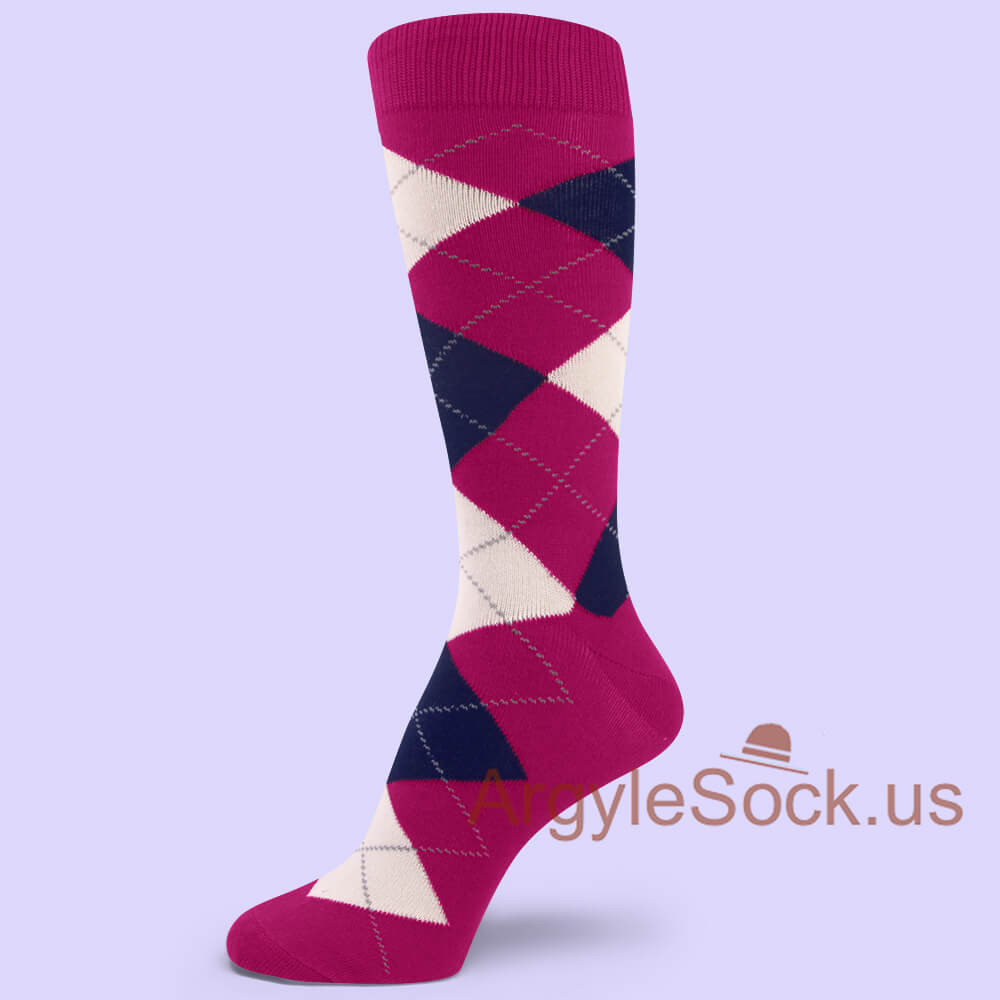 Hot Pink with white and navy blue Argyle Sock for Man