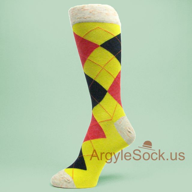 Red Black Diamond Argyles on Yellow Mens Dress Socks