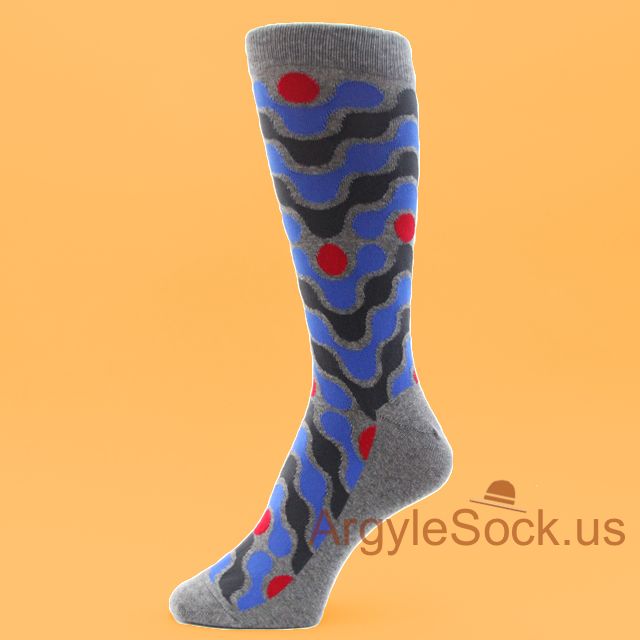 Red Circles and Charcoal Gray & Blue Waves Men's Dress Sock