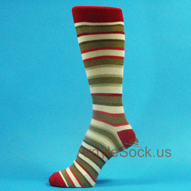 Red Moss Green Cream Stripes Men's Dress Socks