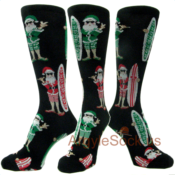 Santa Claus Print Christmas Black Dress Socks for Men, 1Pair