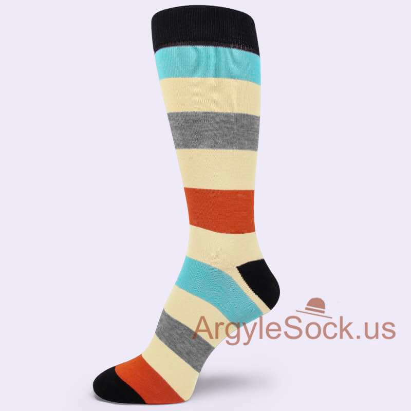 Orange Sky Blue Cream Heather Gray Stripes Socks for Men