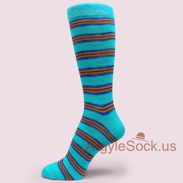 Sky Blue Orange Blue and Black Striped Dress Socks for Men