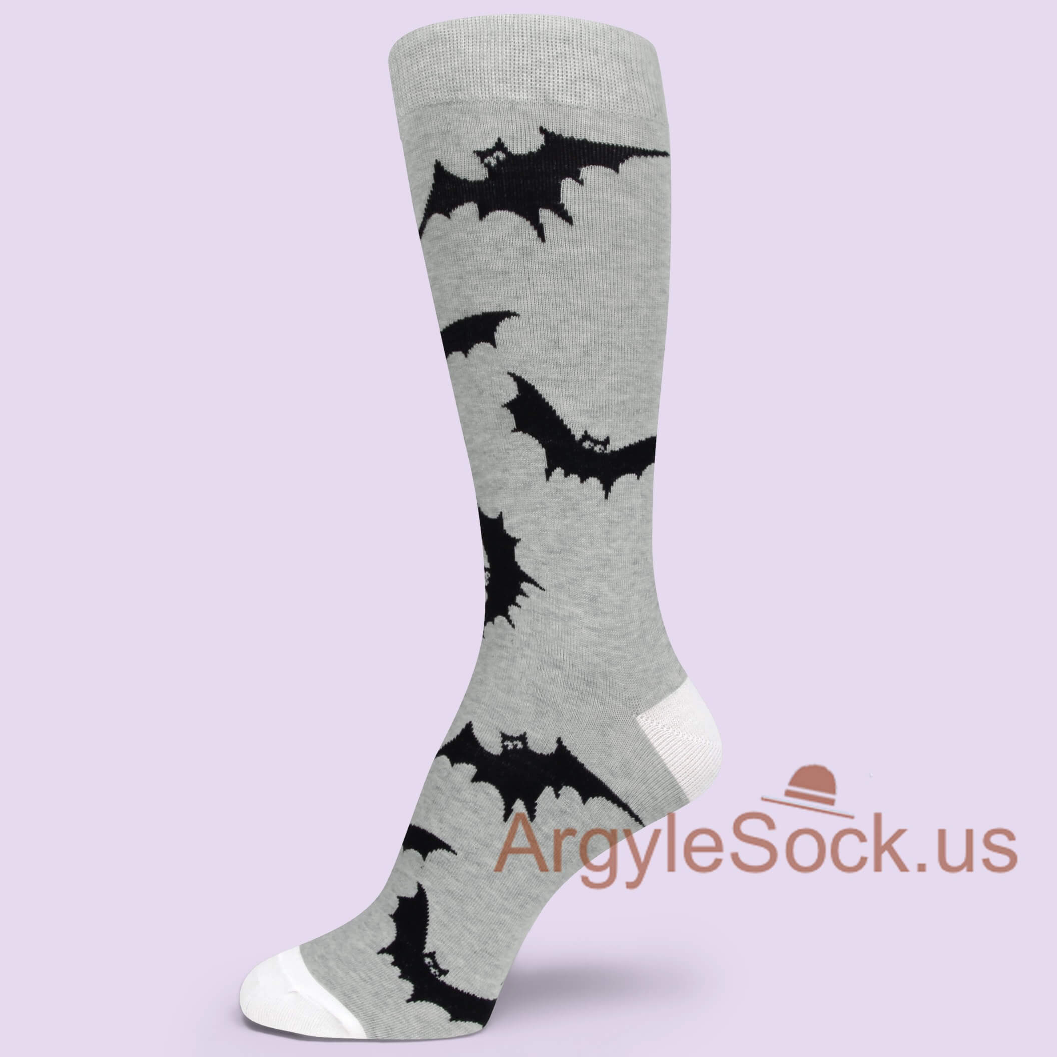 Bats Themed/ Halloween Light Grey White Toed Men's Dress Socks