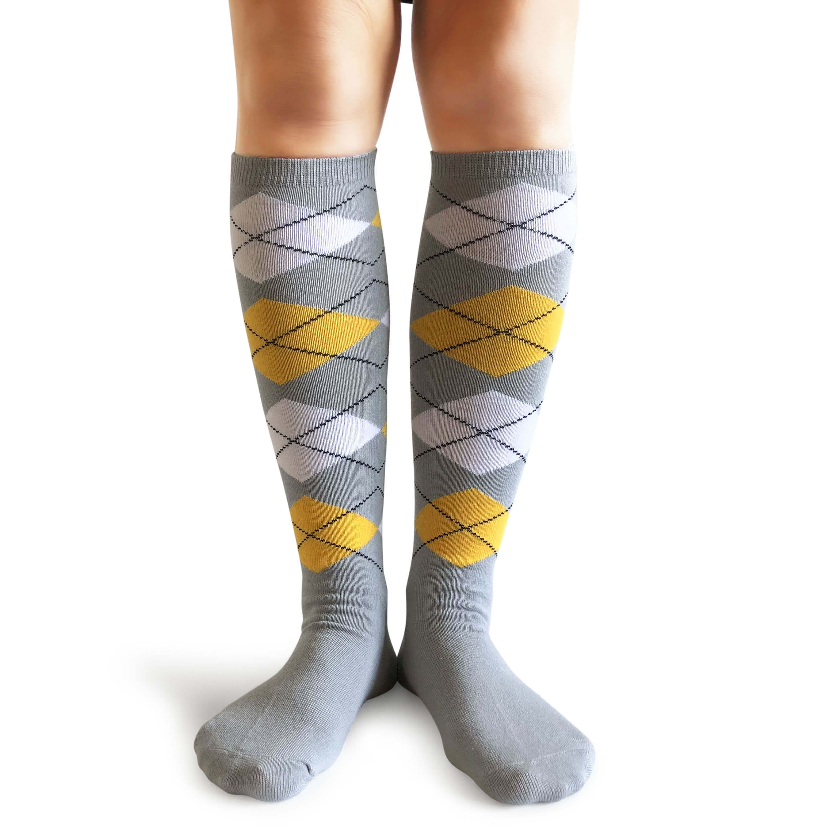 Grey, Yellow & White Argyle Knee High Socks