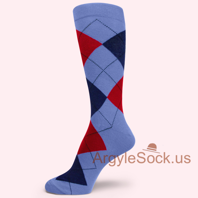 Periwinkle-ish Dark Carolina Blue Red Navy Argyle Sock