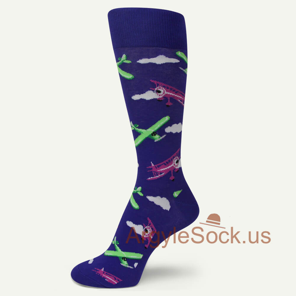 Violet Mens sock w/ Neon Green and hot pink Propeller Airplanes