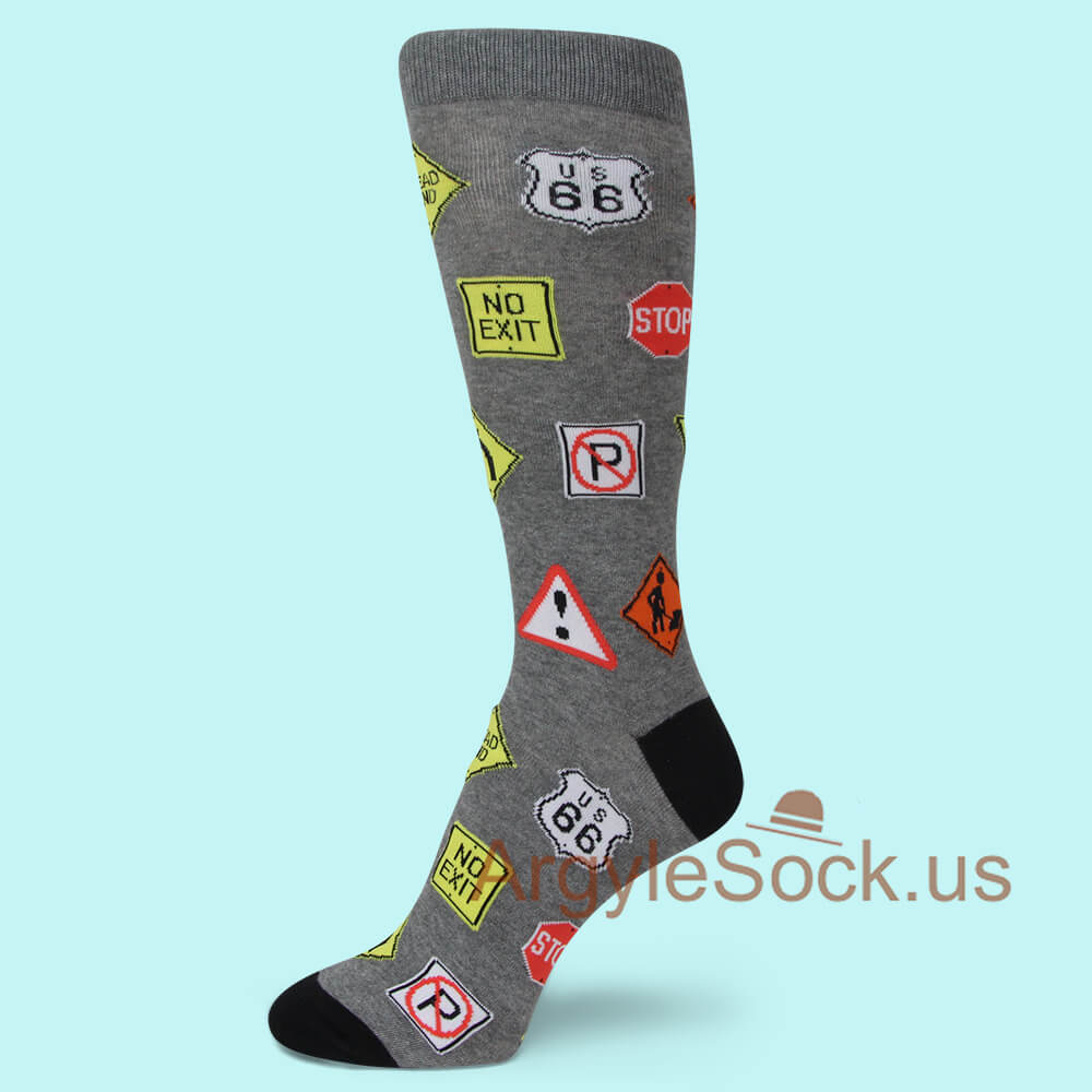 Gray with Various Street Signs Man's Sock