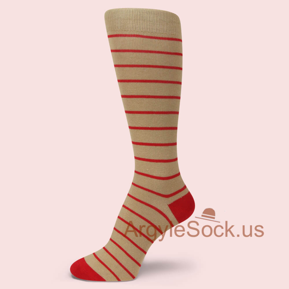Beige with red stripes mens Dress socks