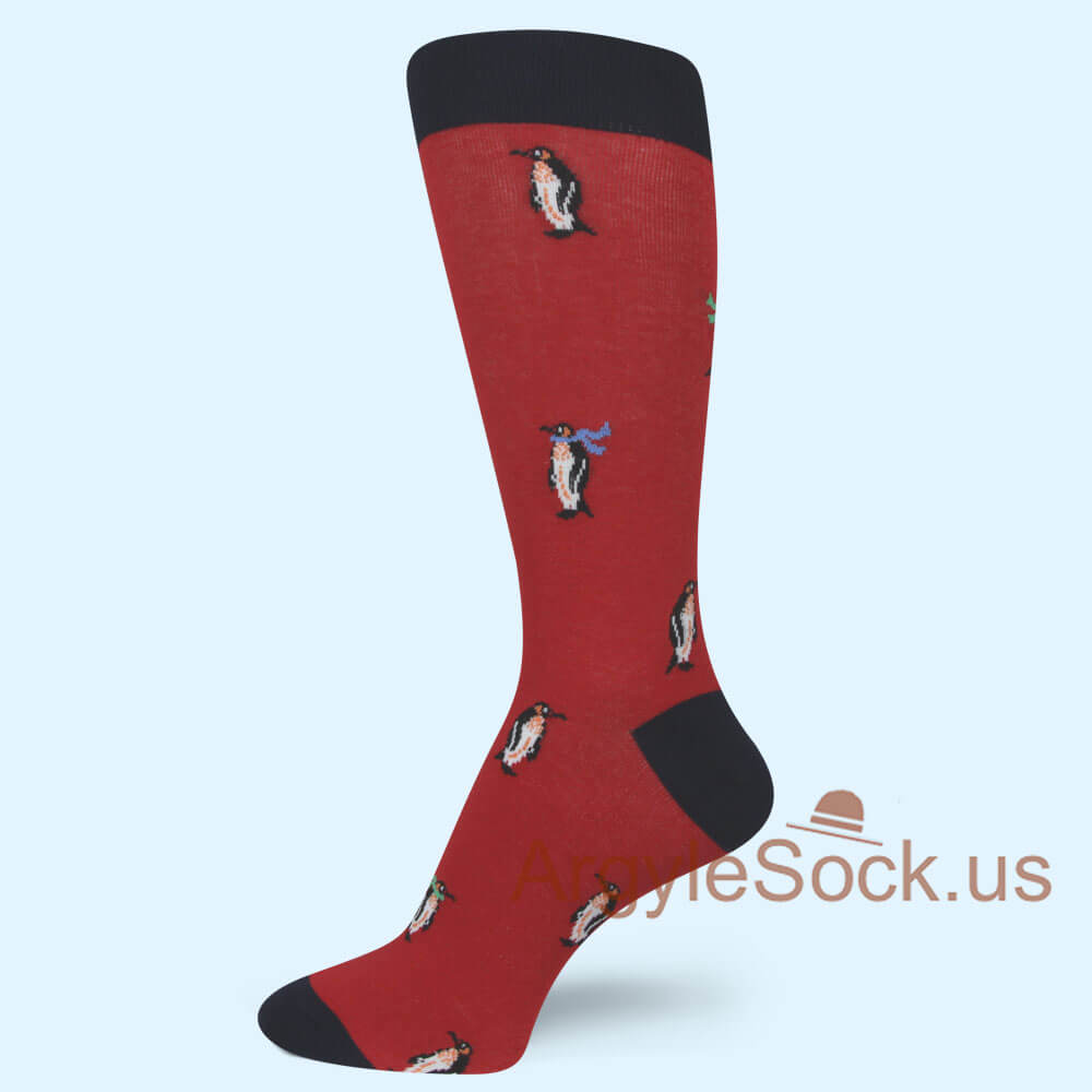 Red with black and penguin Theme men's socks