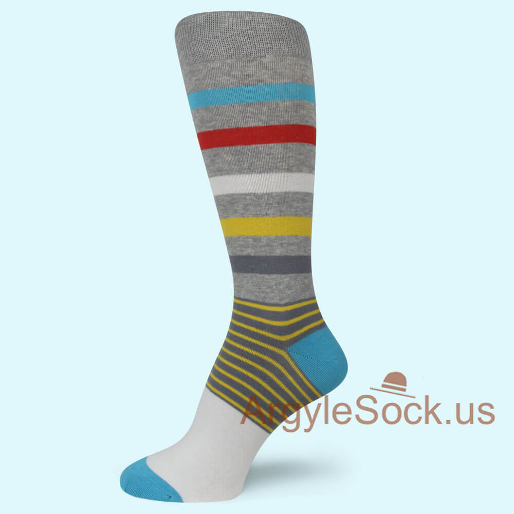 Gray with blue Heel and Toe Colorful Stripes Men's Socks