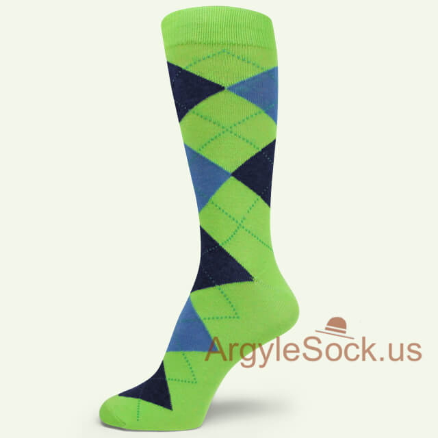 Bright Lime Green with Steel Blue & Navy Argyle Mans Sock